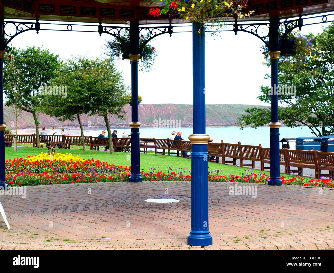 Looking through the cliff top gardens band stand across Filey bay,Filey