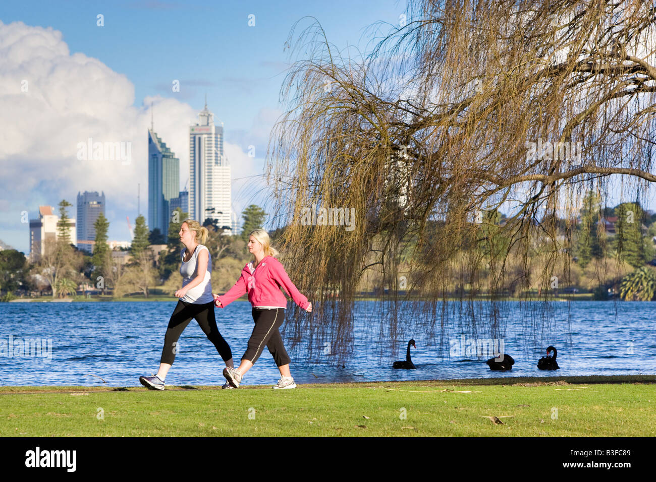 Two women exercising in a park with skyscrapers in the distance. Lake Monger, Perth, Western