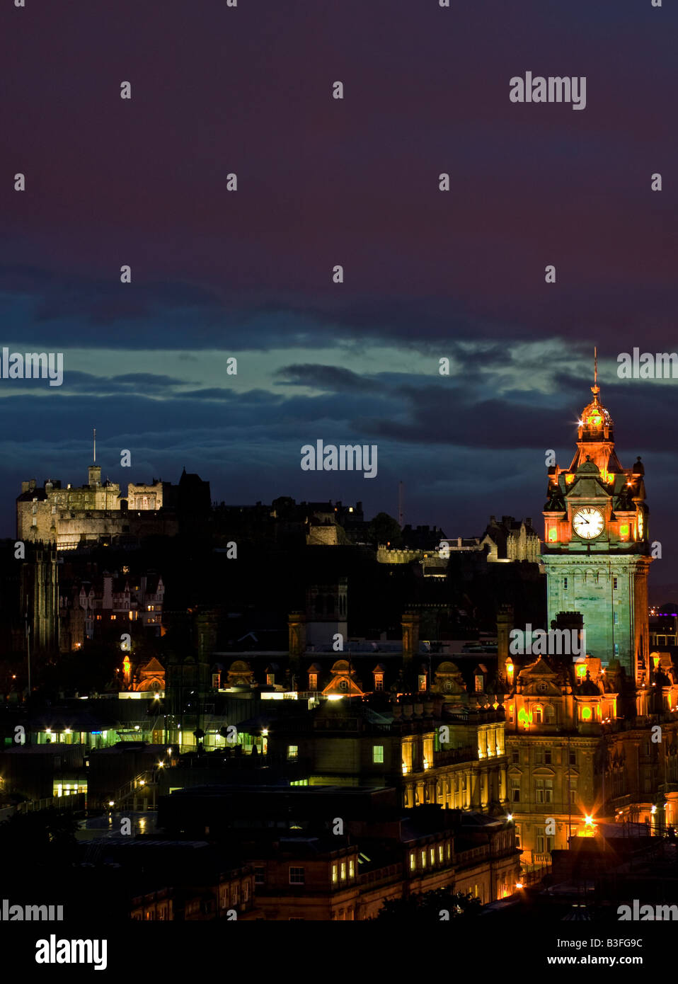 Edinburgh City skyline with floodlit buildings at dusk, Scotland, UK, Europe Stock Photo