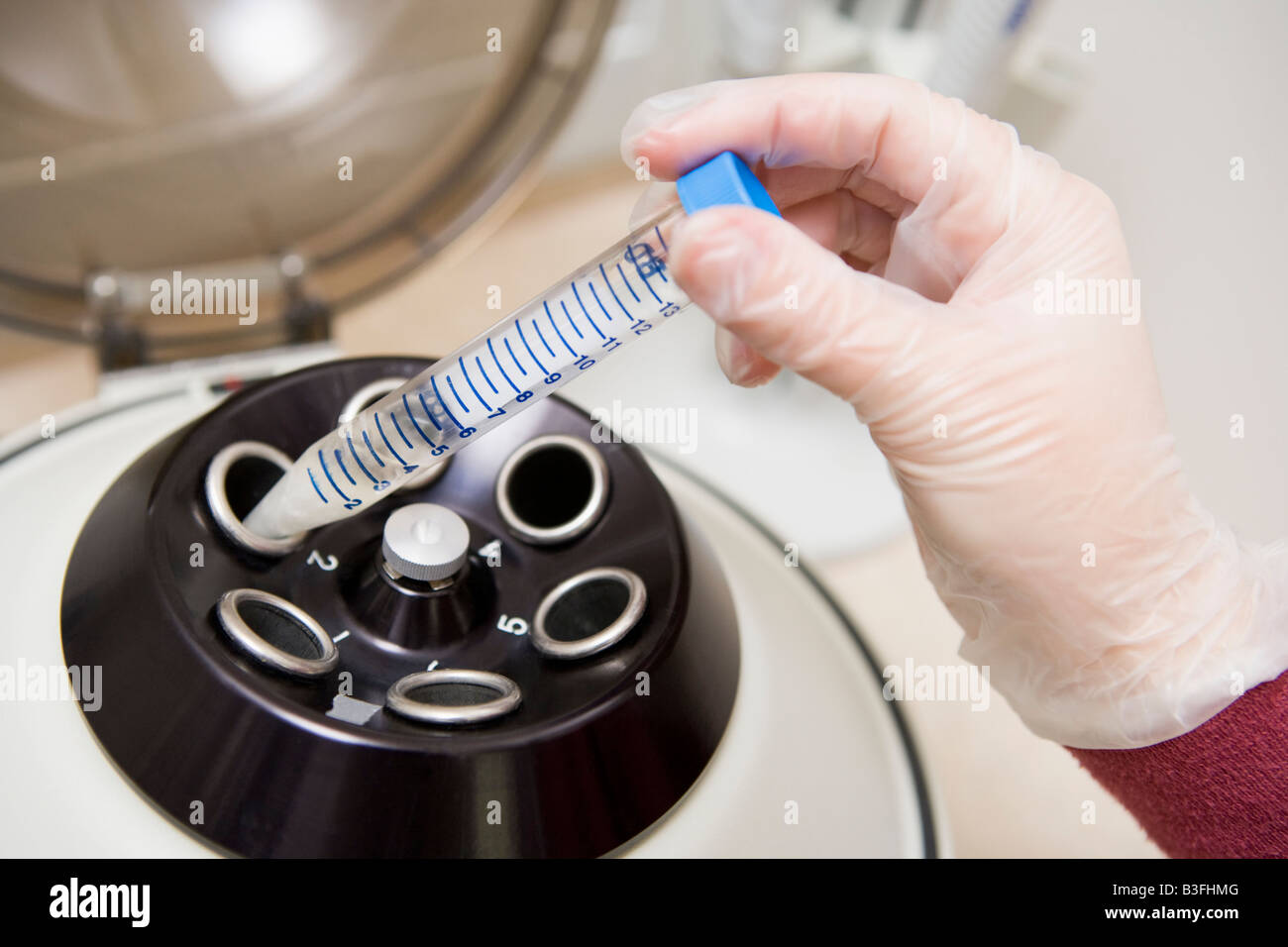 Embryologist putting sample into centrifuge (selective focus) Stock Photo