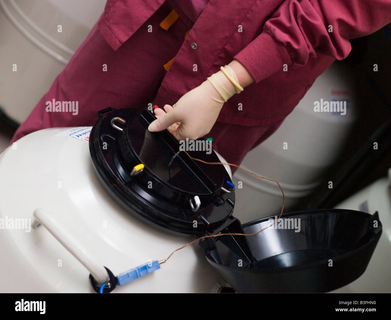 Embryologist freezing embryos for storage Stock Photo