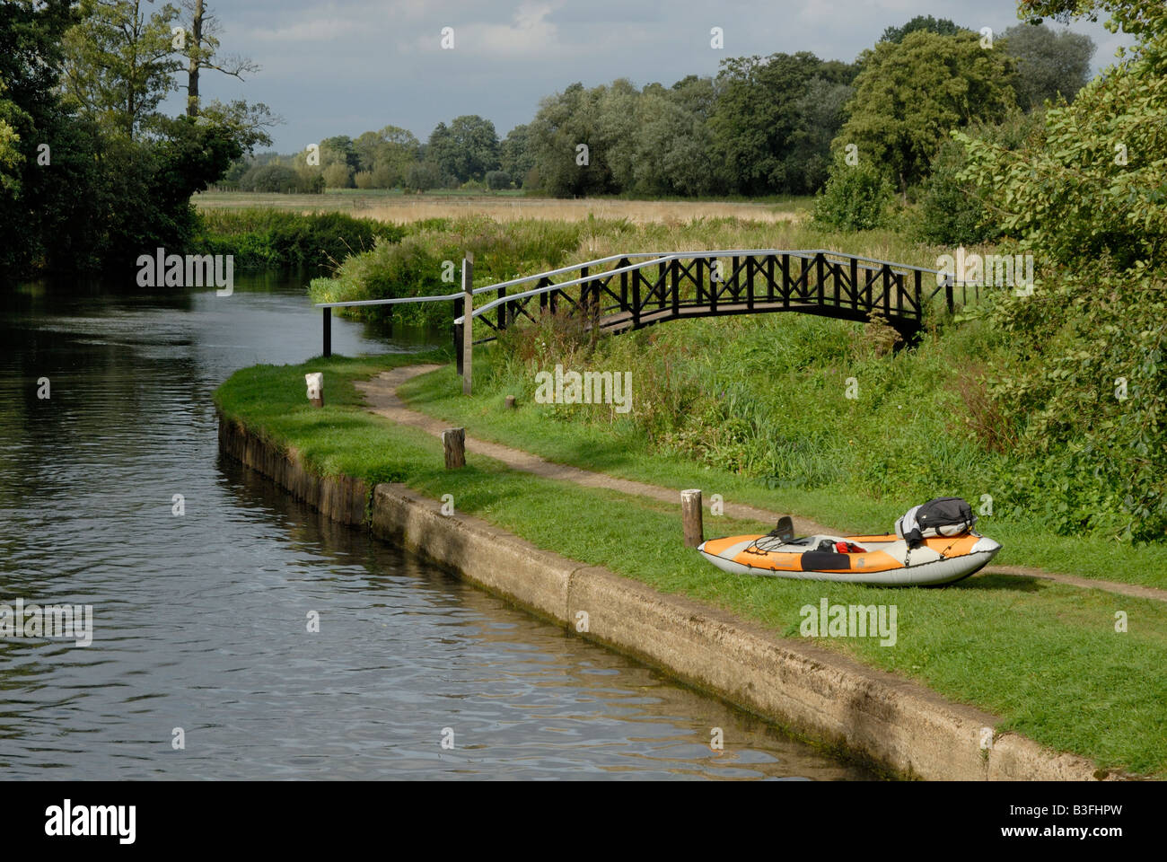 Kayak and gear on bank at Triggs Lock, River Wey Navigation, Surrey