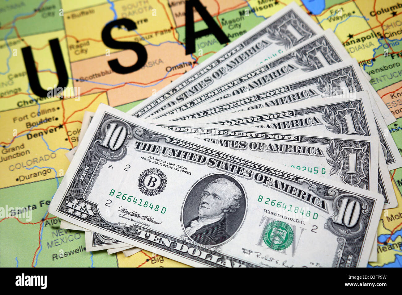 Travel concept to United States of America with Green Back Bank note Dollars Stock Photo