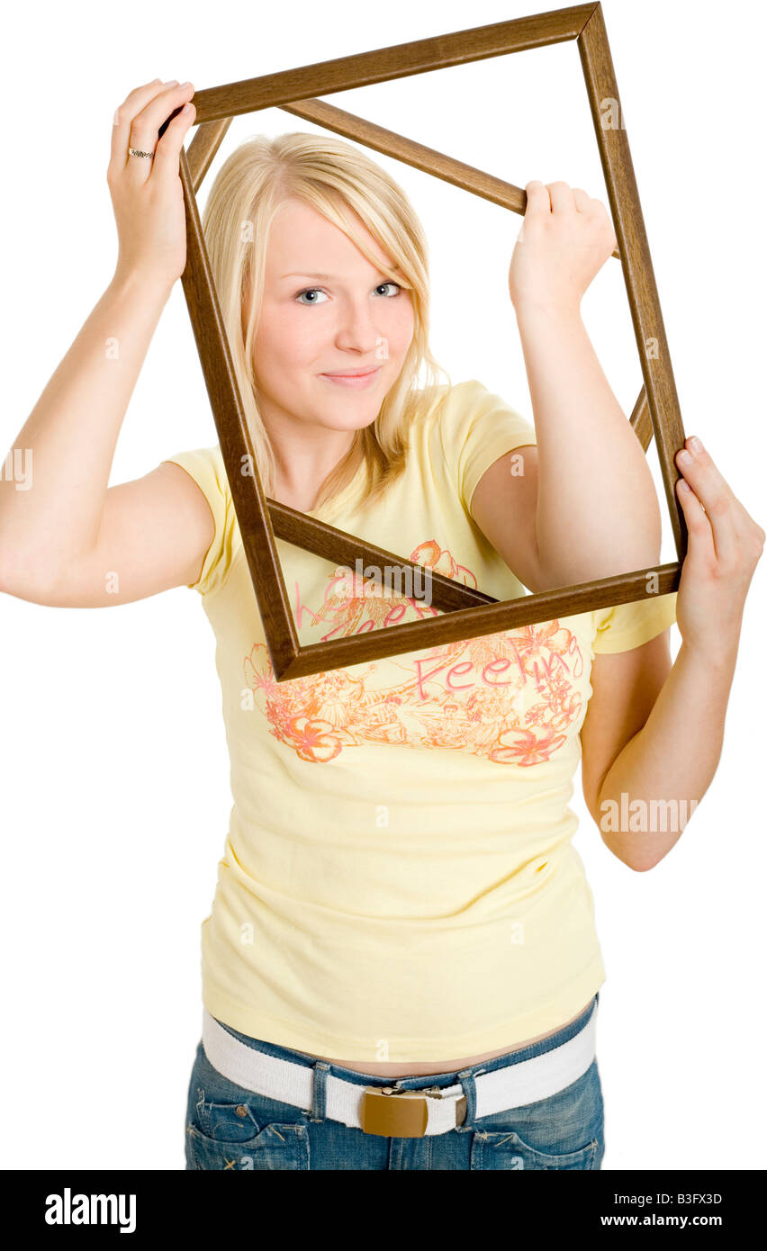 girl with picture frame Stock Photo Alamy