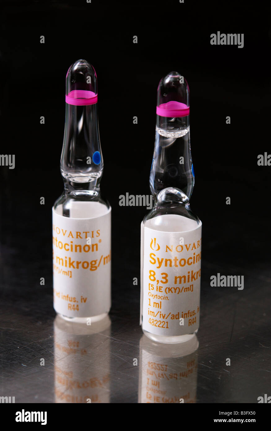 Ampoules of Syntocinon (oxytocin) drug widely used for augmentation of labor and reducing obstetric bleeding complications Stock Photo
