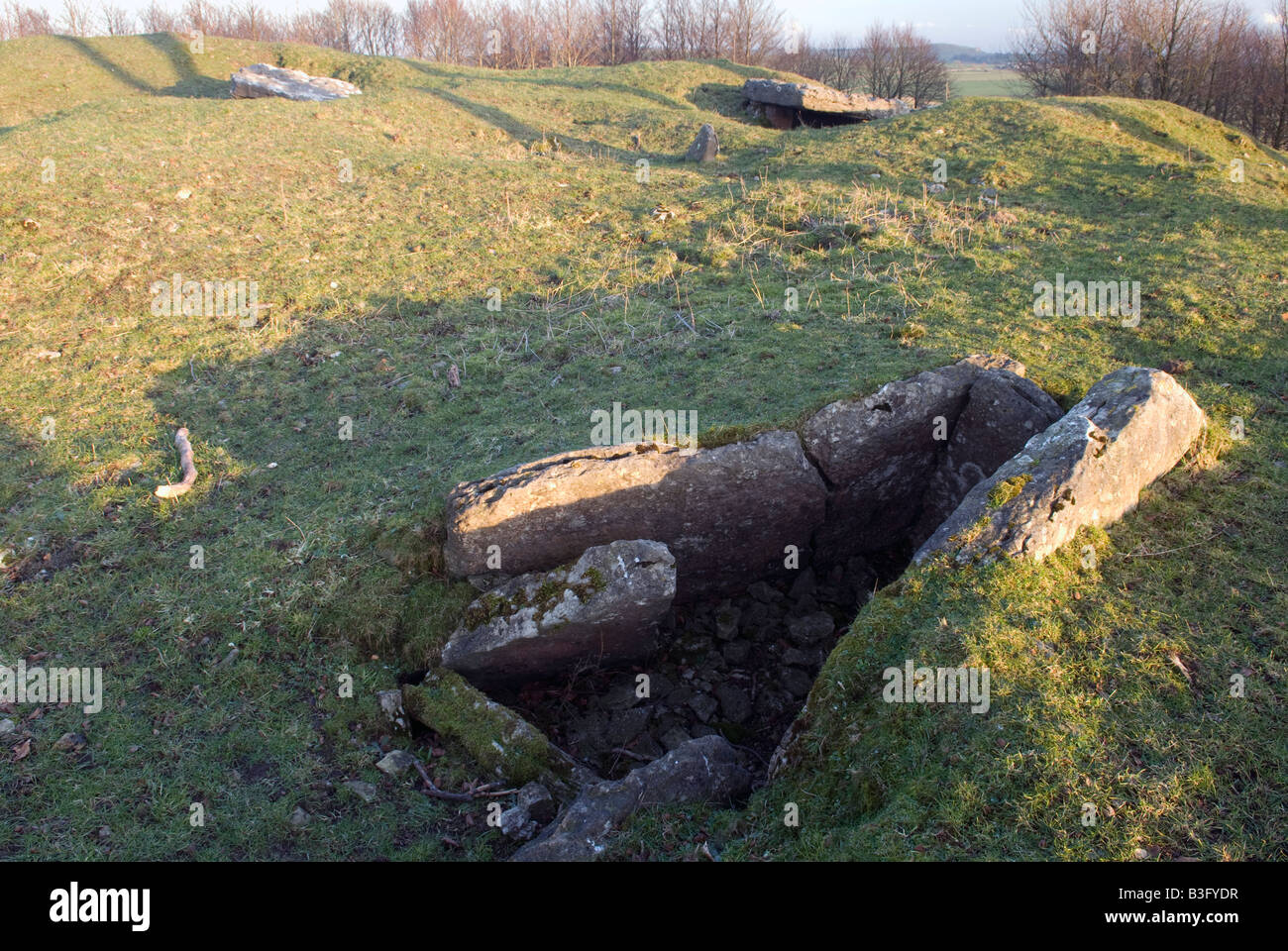 An open empty burial chambered cairn  on 'Minning low' Hill   in Derbyshire 'Great Britain' Stock Photo