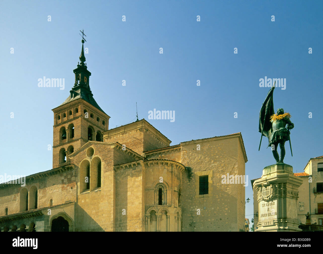 San Martin Church Juan Bravo statue at Plaza de San Martin in Segovia Castilla Leon Spain Stock Photo