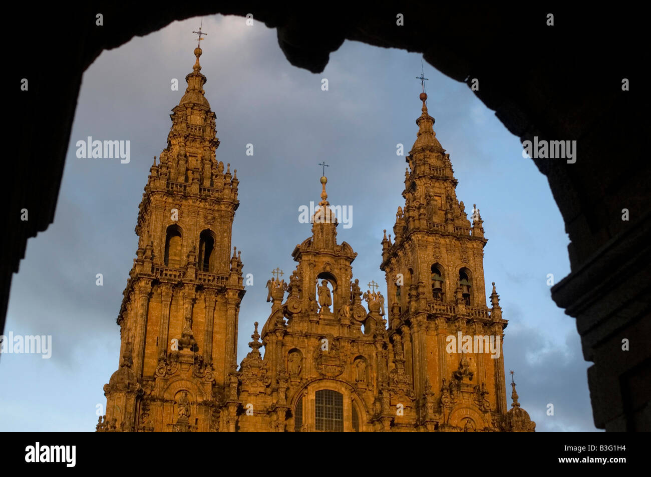 Obradoiro façade of the cathedral of Santiago de Compostela WAY OF SAINT JAMES or CAMINO DE SANTIAGO in GALICIA region SPAIN Stock Photo