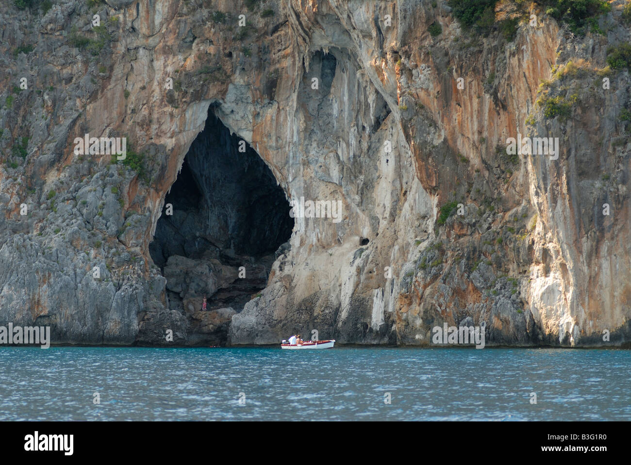 Cilento Italy Pleasure boat explores the Costa degli Infreschi Stock Photo