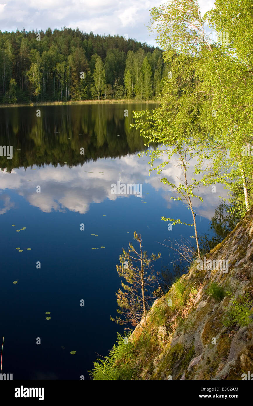 Sunny day on forest lake in Karelia, Russia Stock Photo