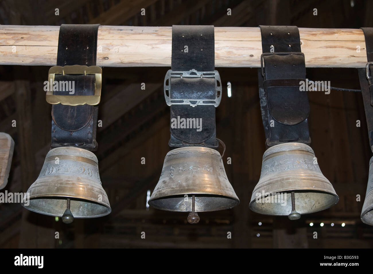 Cow bells on a beam in a barn in Switzerland Stock Photo