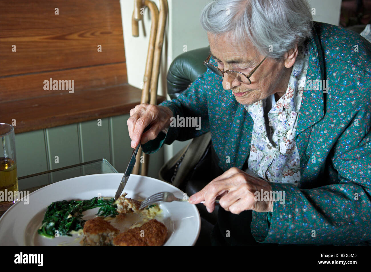Active woman of 92 years eating meal in English pub Stock Photo