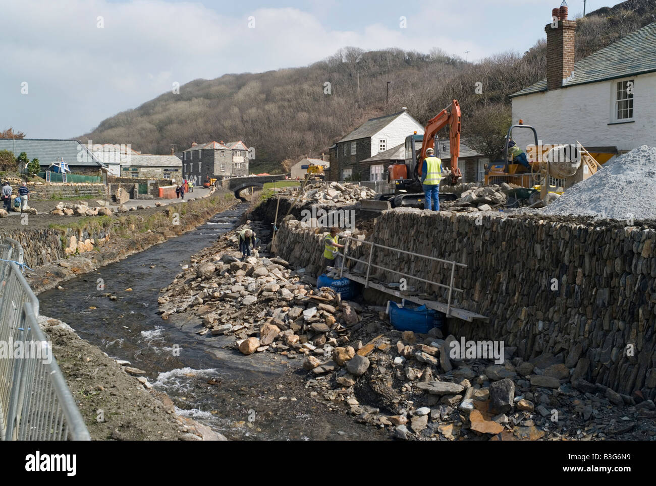 Restoration of the banks of River Valency, Boscastle harbour, Cornwall UK Stock Photo