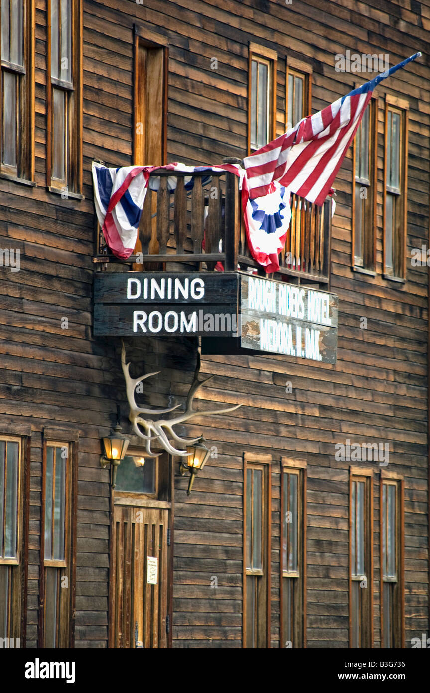 Historic Rough Riders Hotel and Dining Room is a landmark in Medora North Dakota Stock Photo