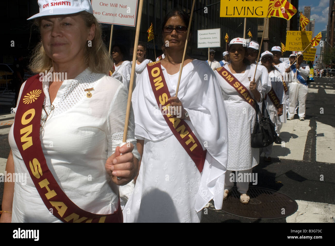 Members of the Brahma Kumaris World Spiritual Organization march in the Indian Independence Day Parade in New York Stock Photo