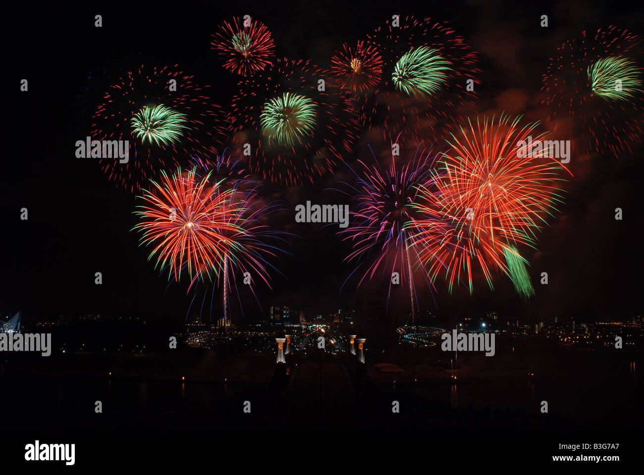 Fireworks display over Seri Gemilang Bridge Putrajaya Lake Malaysia ...