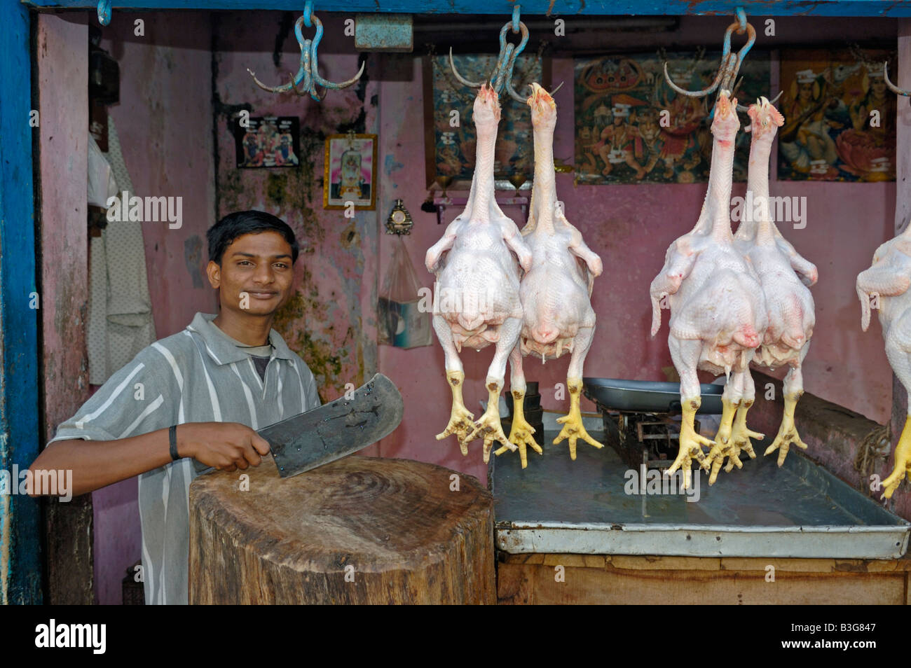 Young indian butcher at Mysore market proudly posing with his meat axe in front of some dead