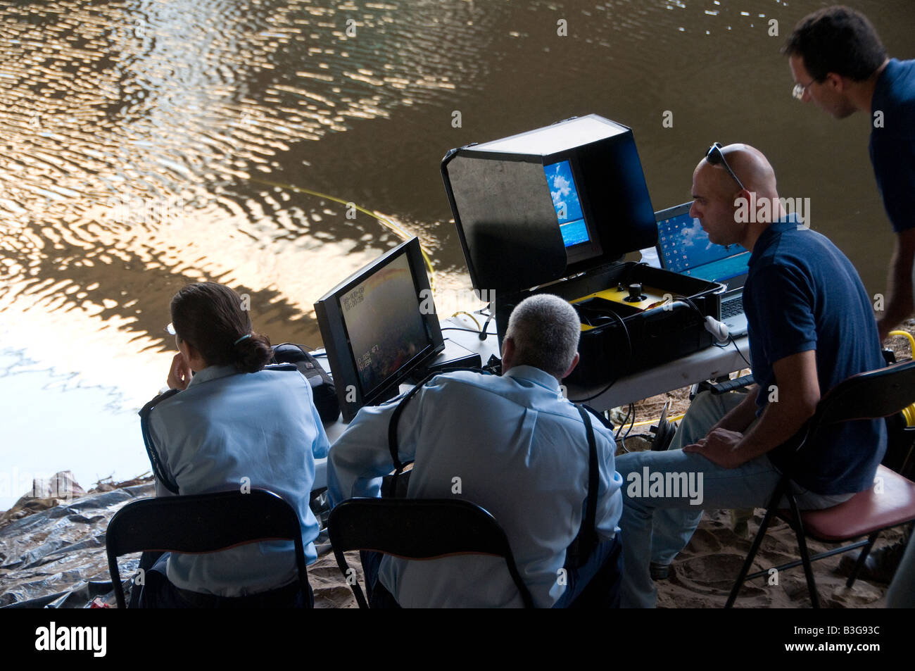 Israeli police investigators search the Yarkon River for findings related to missing girl Rose Pizem believed to be murdered. Tel Aviv Israel Stock Photo