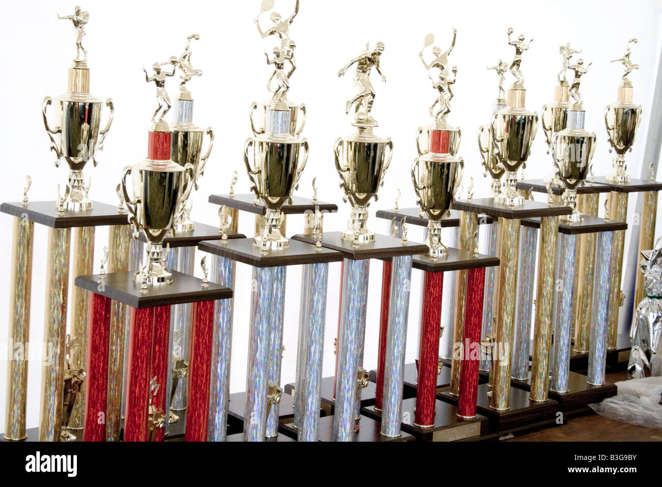 Row of trophies awarded to winners. Hmong Sports Festival McMurray Field St Paul Minnesota USA Stock Photo