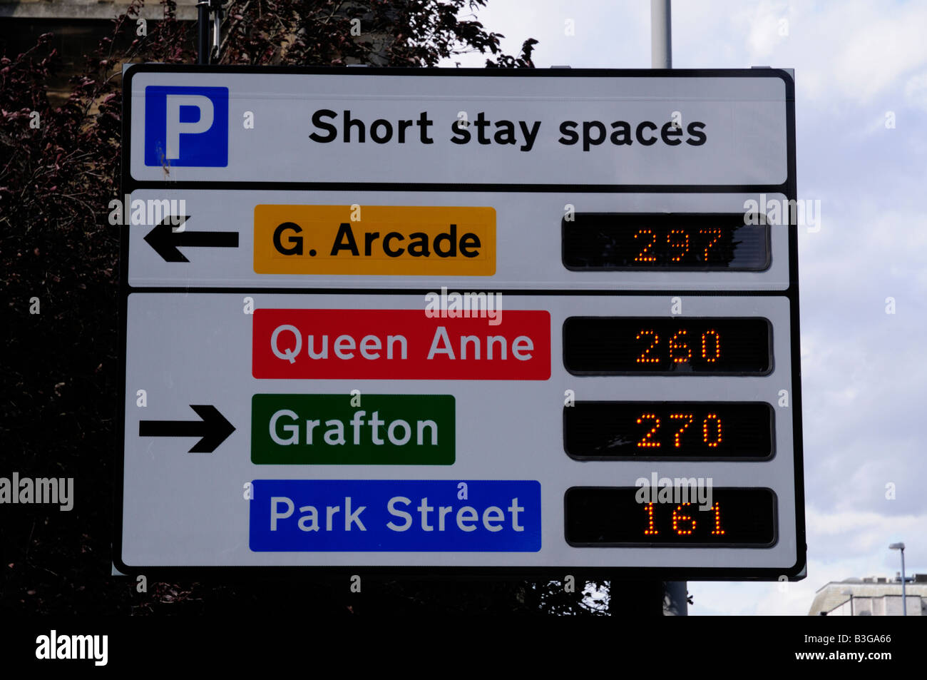 Electronic board displaying available car parking spaces in city centre car parks Cambridge England UK Stock Photo
