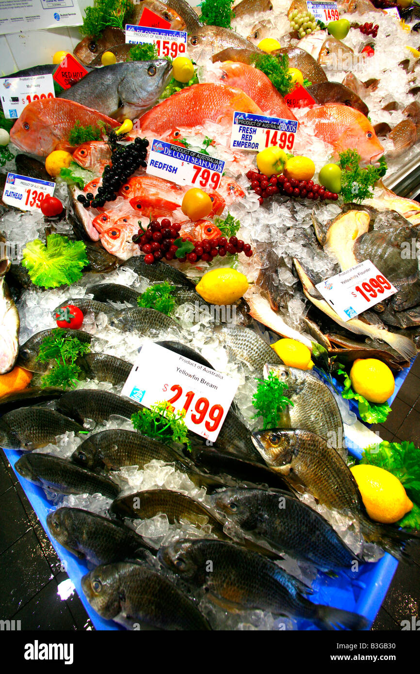 Fresh seafood and fish for sale at the Sydney fish market Stock Photo