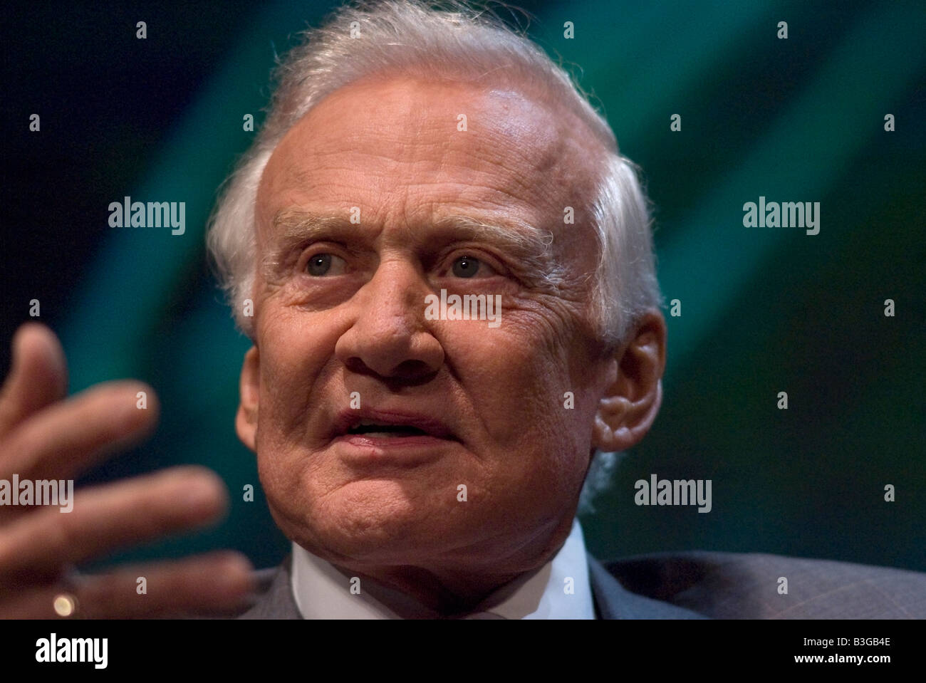 Astronaut Buzz Aldrin, who walked on the moon in 1969 during the Apollo 11 space mission, talking during a conference in 2008 Stock Photo