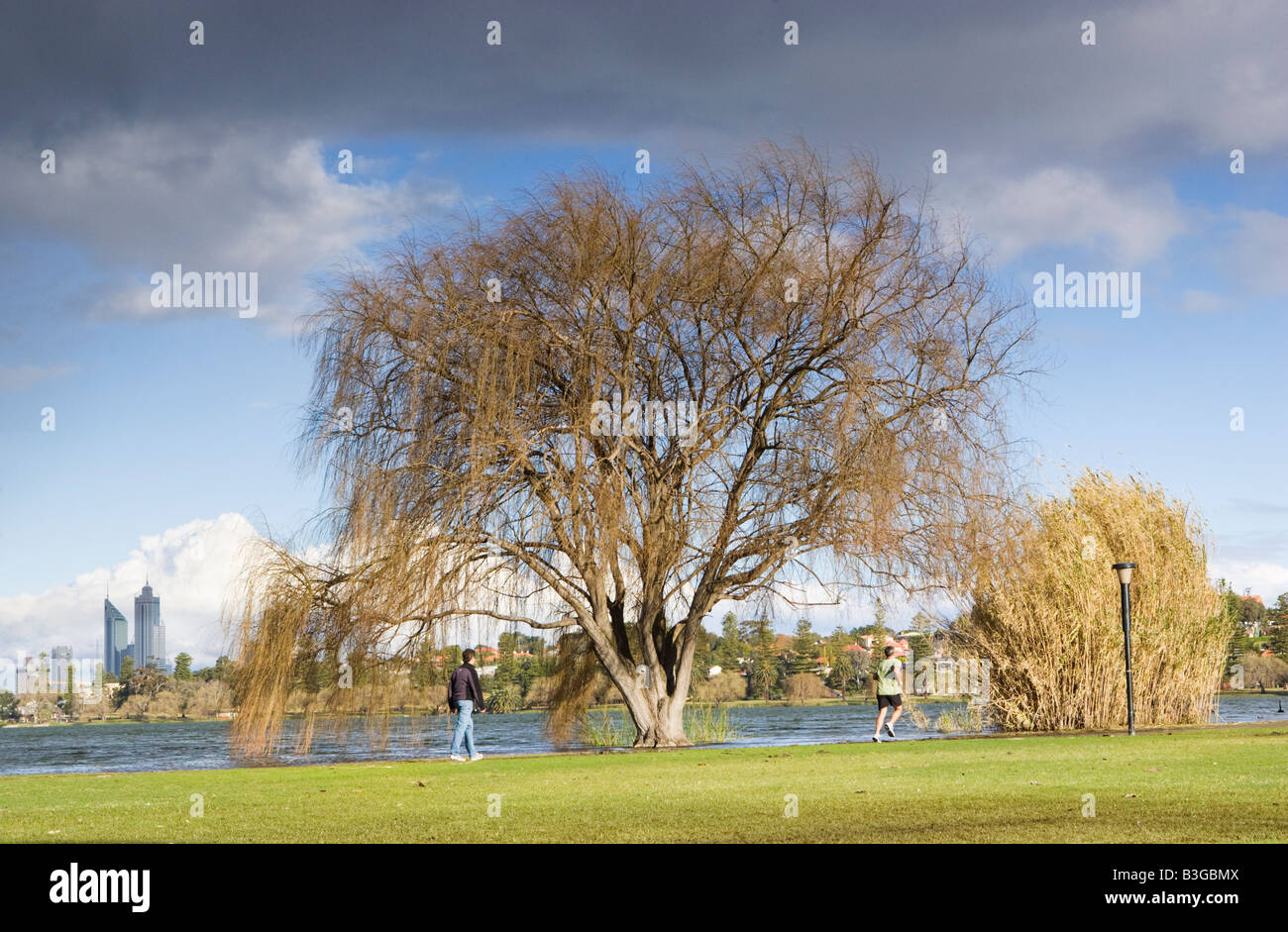 Two man walking and running in a city park with skyscrapers in the distance. Lake Monger Reserve