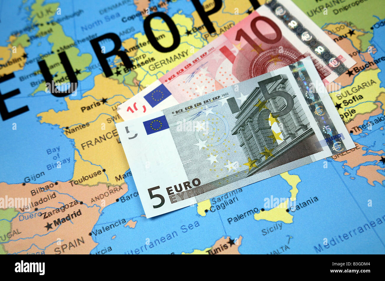 Travel concept to Europe with 10 and 5 euro note Stock Photo