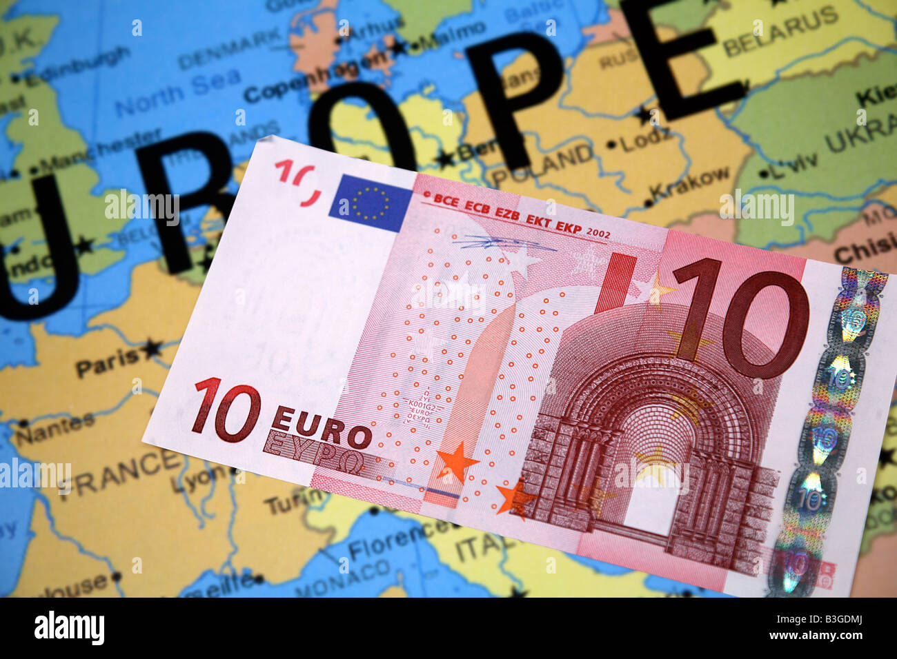 Travel concept to Europe with 10 euro note Stock Photo