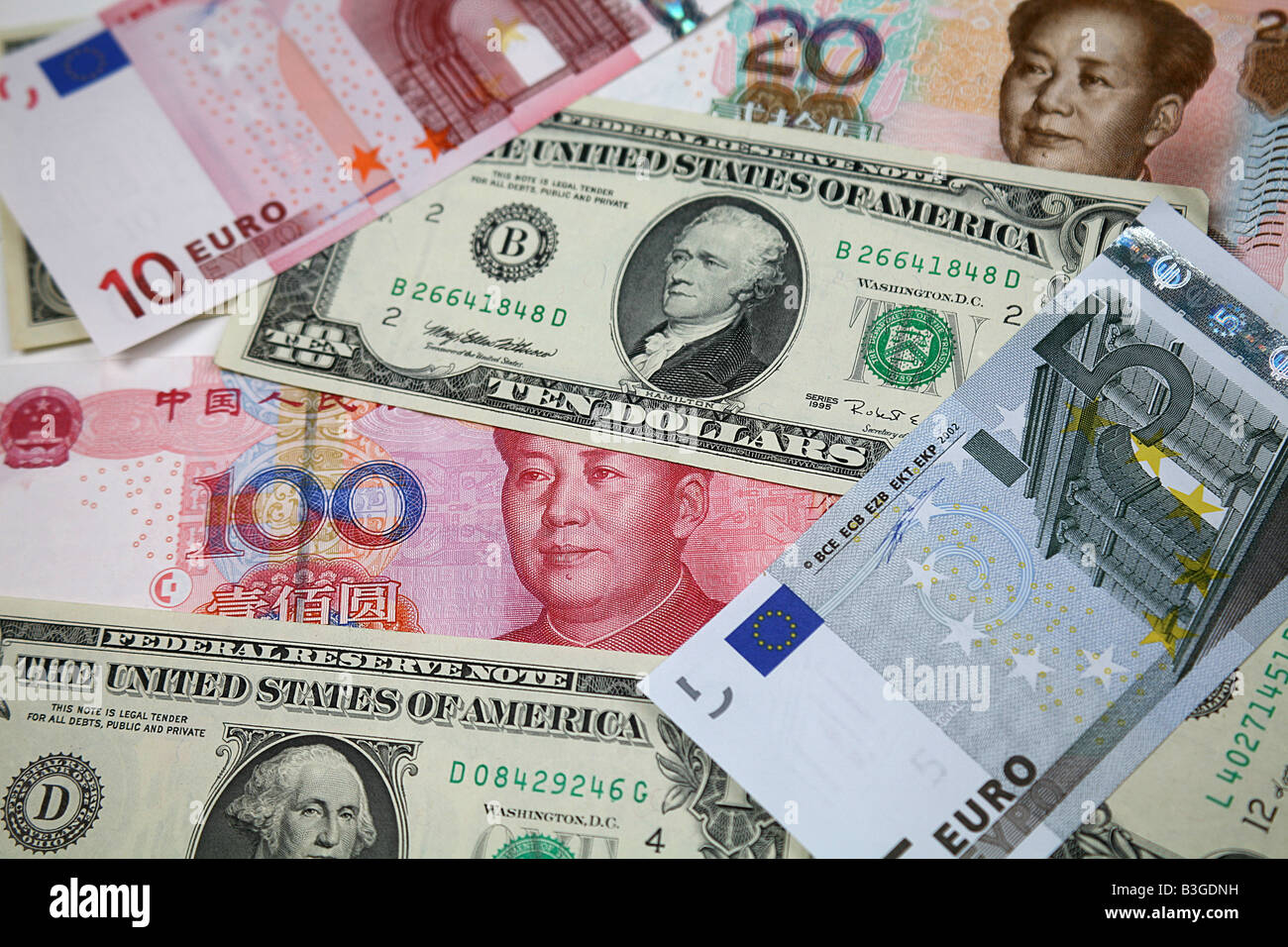 Chinese, American and European Currency Stock Photo