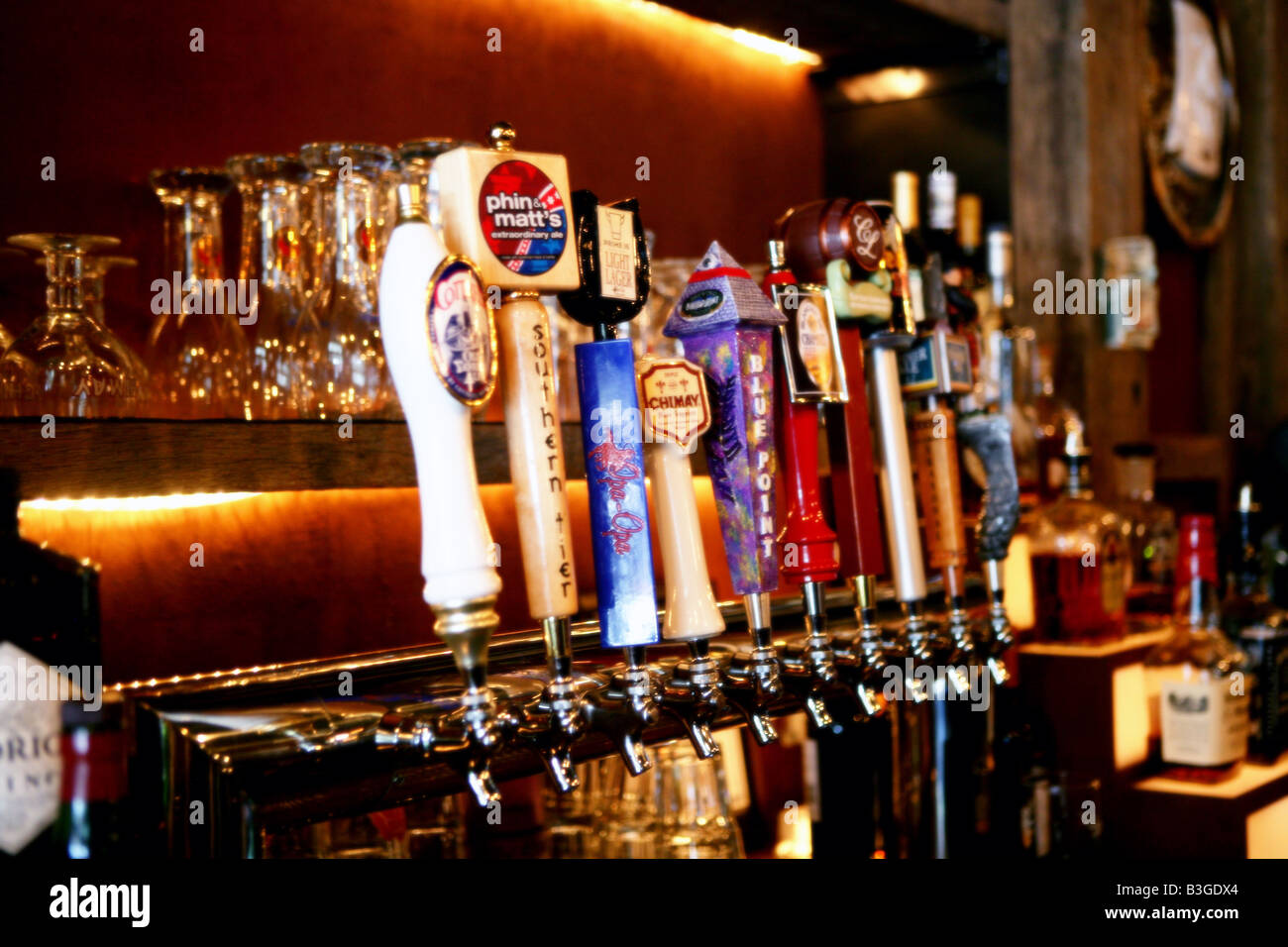 Beers on Tap in a USA Pub Stock Photo