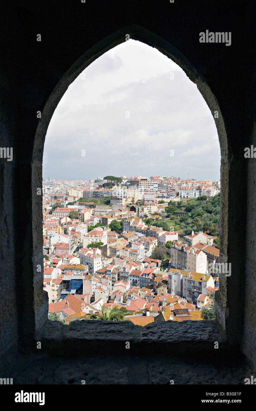 View down to Lisbon from window of the Castelo de Sao Jorge Lisbon city Portugal Stock Photo