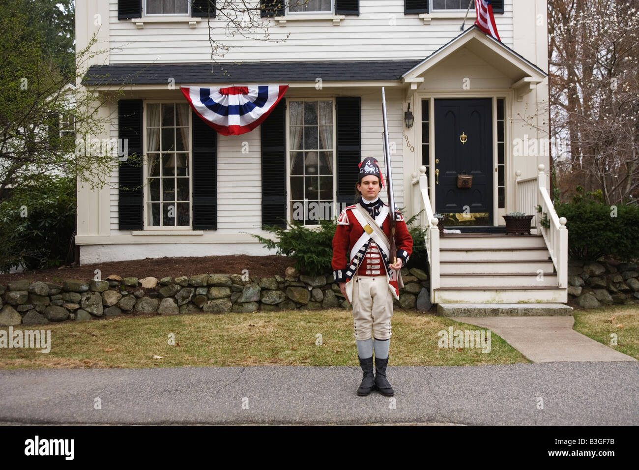 Patriots Day Revolutionary War Reenactment on Lexington Green Lexington Massachusetts Stock Photo