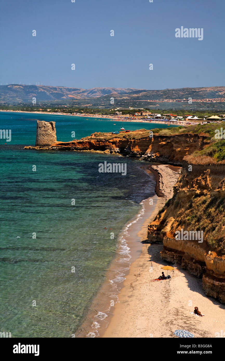 Italy Sardinia west coast beach defense tower Stock Photo