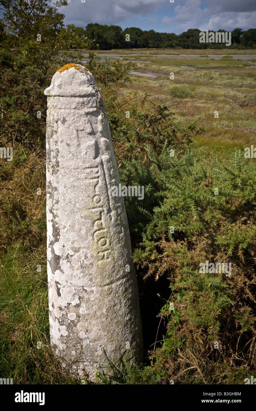 The Prostlon converted to Christianity stele, at Pen-er-Pont (Brittany). Stèle christianisée, dite stèle de Prostlon (Morbihan). Stock Photo