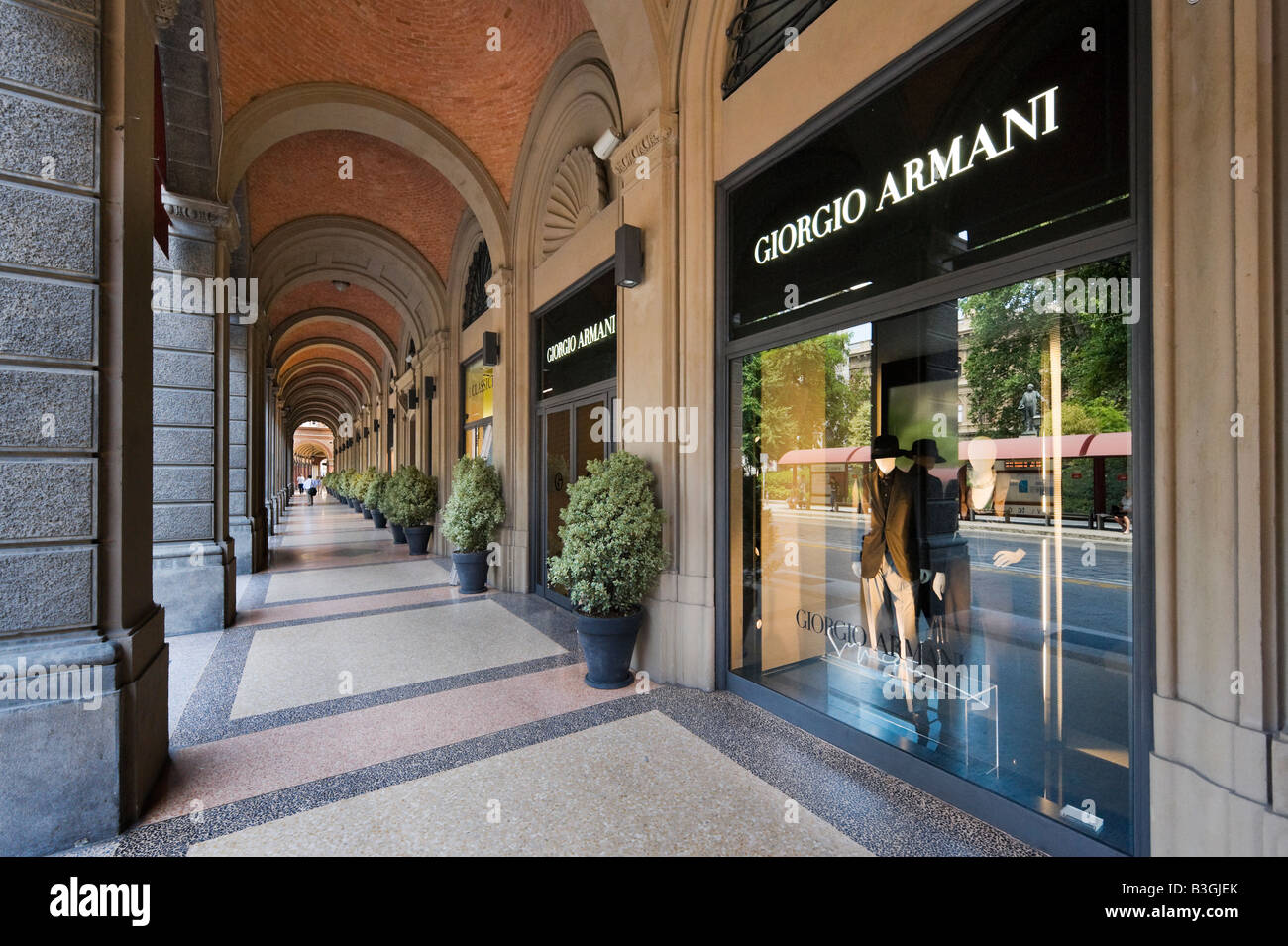 Giorgio Armani store in a portico on Via Farini in the historic centre, Bologna, Emilia Romagna, Italy Stock Photo