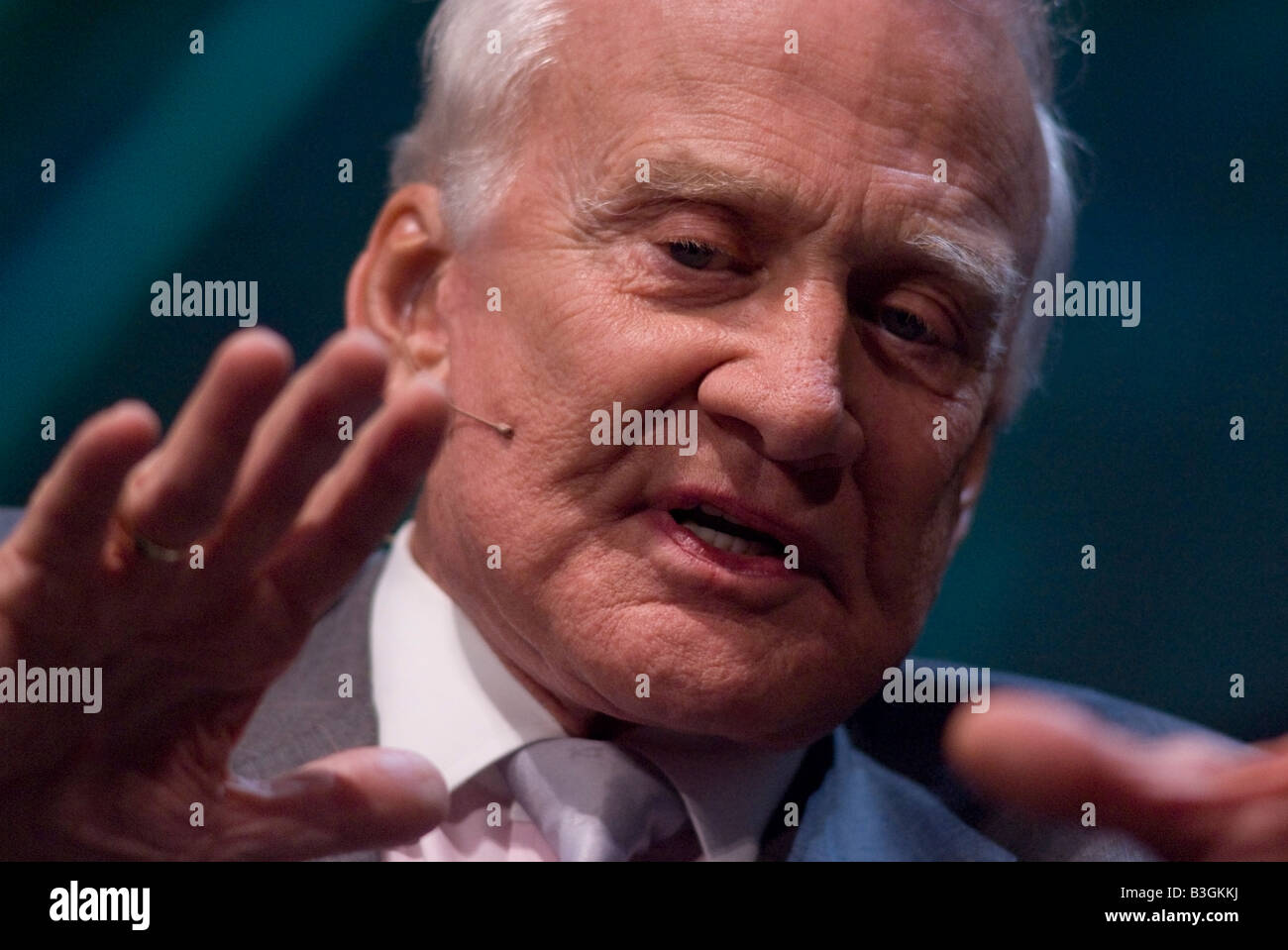 Astronaut Buzz Aldrin, who walked on the moon in 1969 during the Apollo 11 space mission, talking during a conference in 2008 Stock Photo