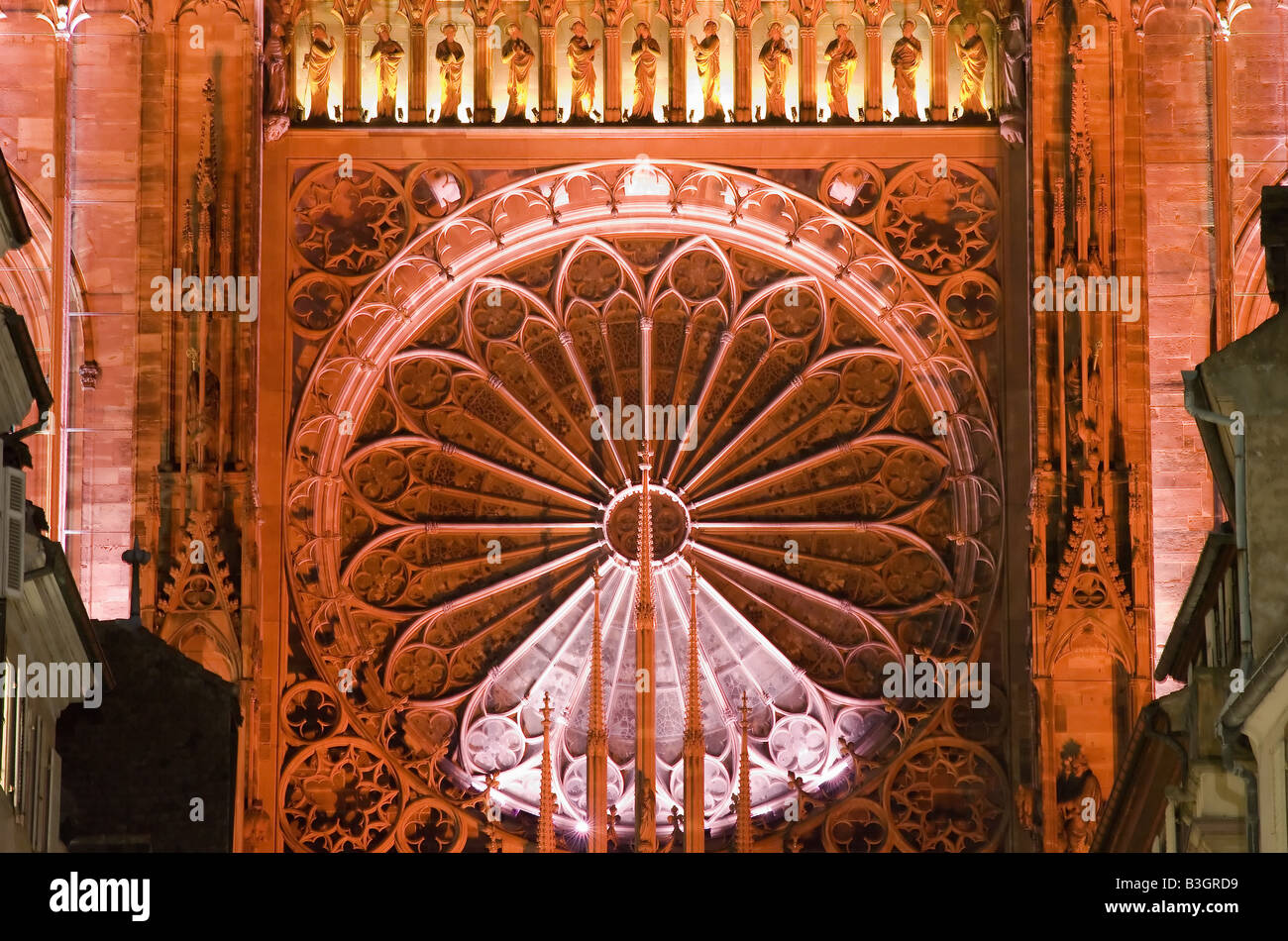Illuminated rose window of Notre-Dame gothic cathedral 14th century at ...