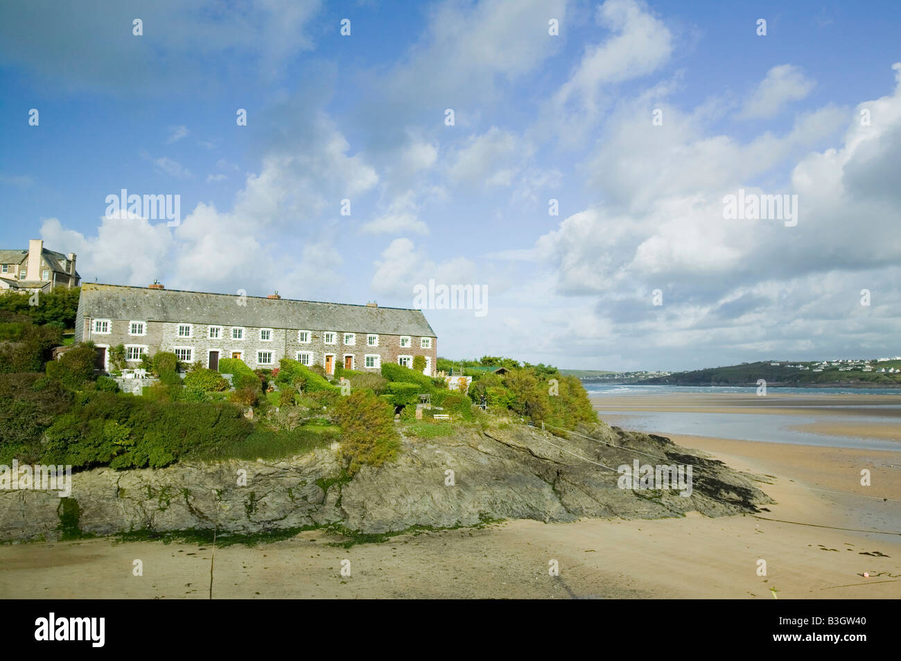 old houses at Hawkers Cove in the mouth of the Camel estuary near Padstow Cornwall UK Stock