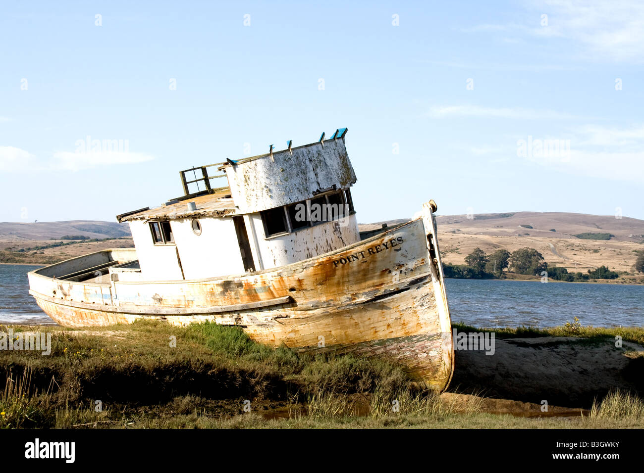 Old beached fishing boat in near Point Reyes, California Stock Photo
