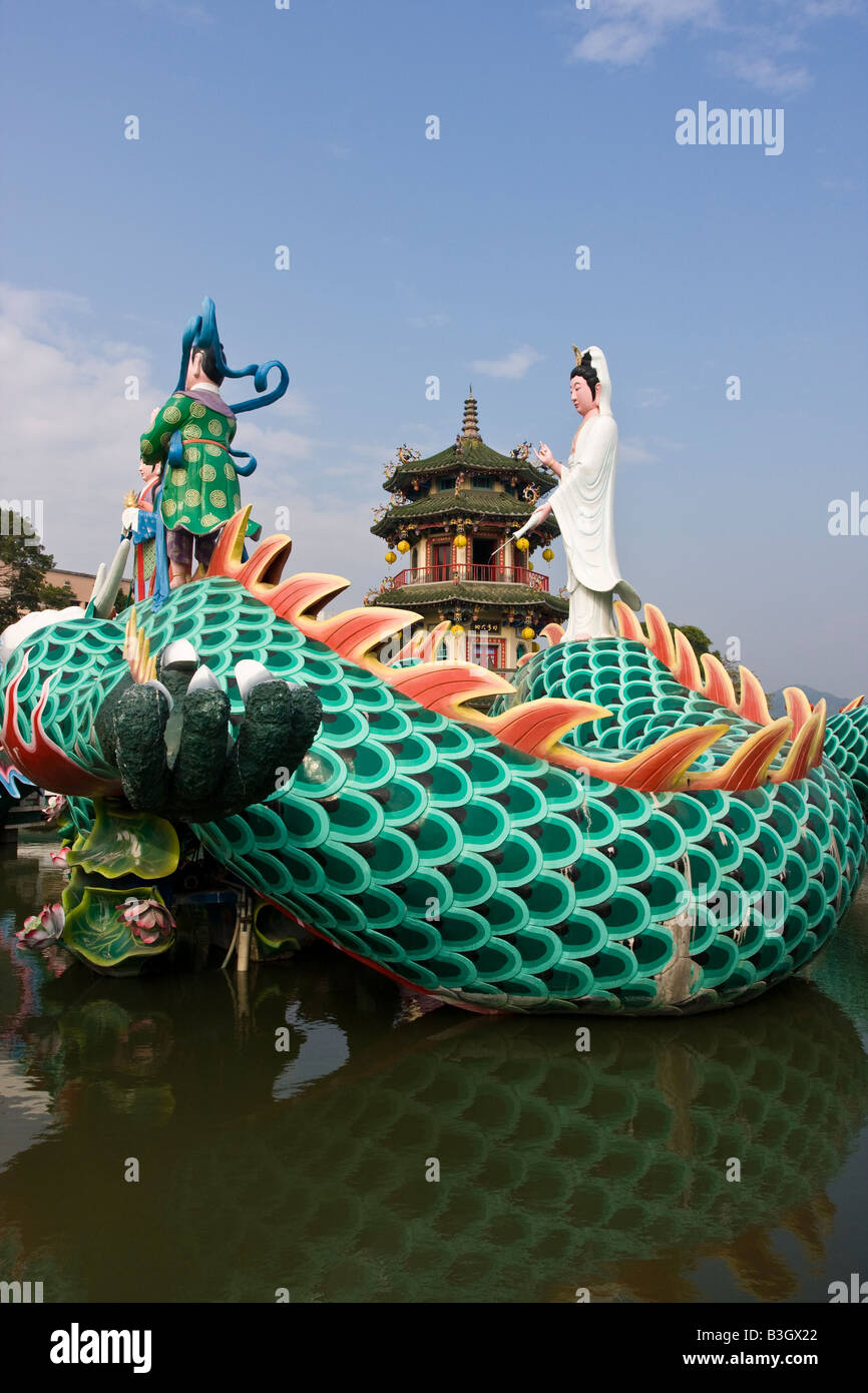 Dragon and Buddhist statues and pagoda Lotus Lake Zouying Kaohsiung Taiwan Republic of China (ROC) Stock Photo