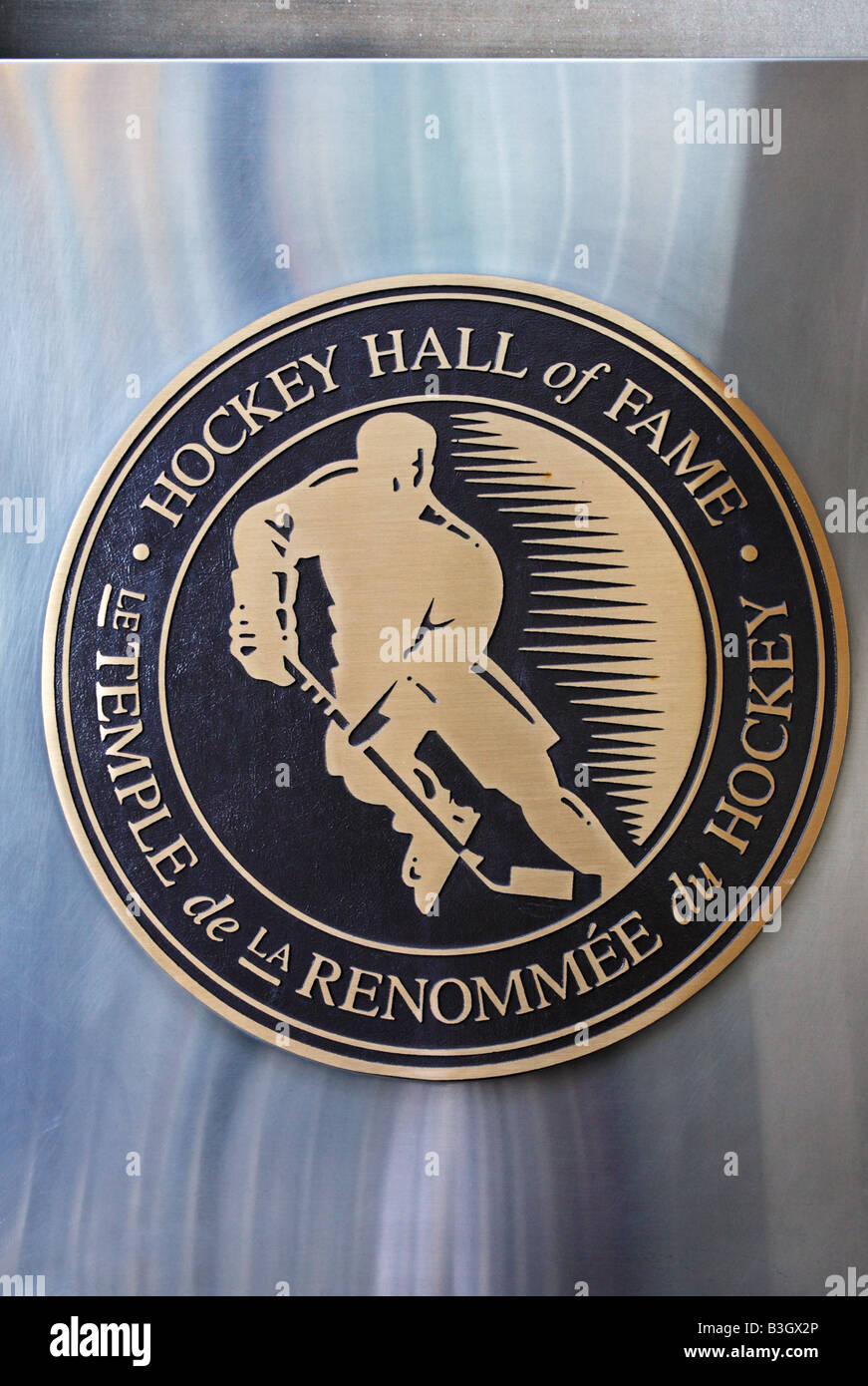 Plaque of Hockey Hall of Fame on the exterior wall at intersection of Yonge and Front in Toronto Stock Photo