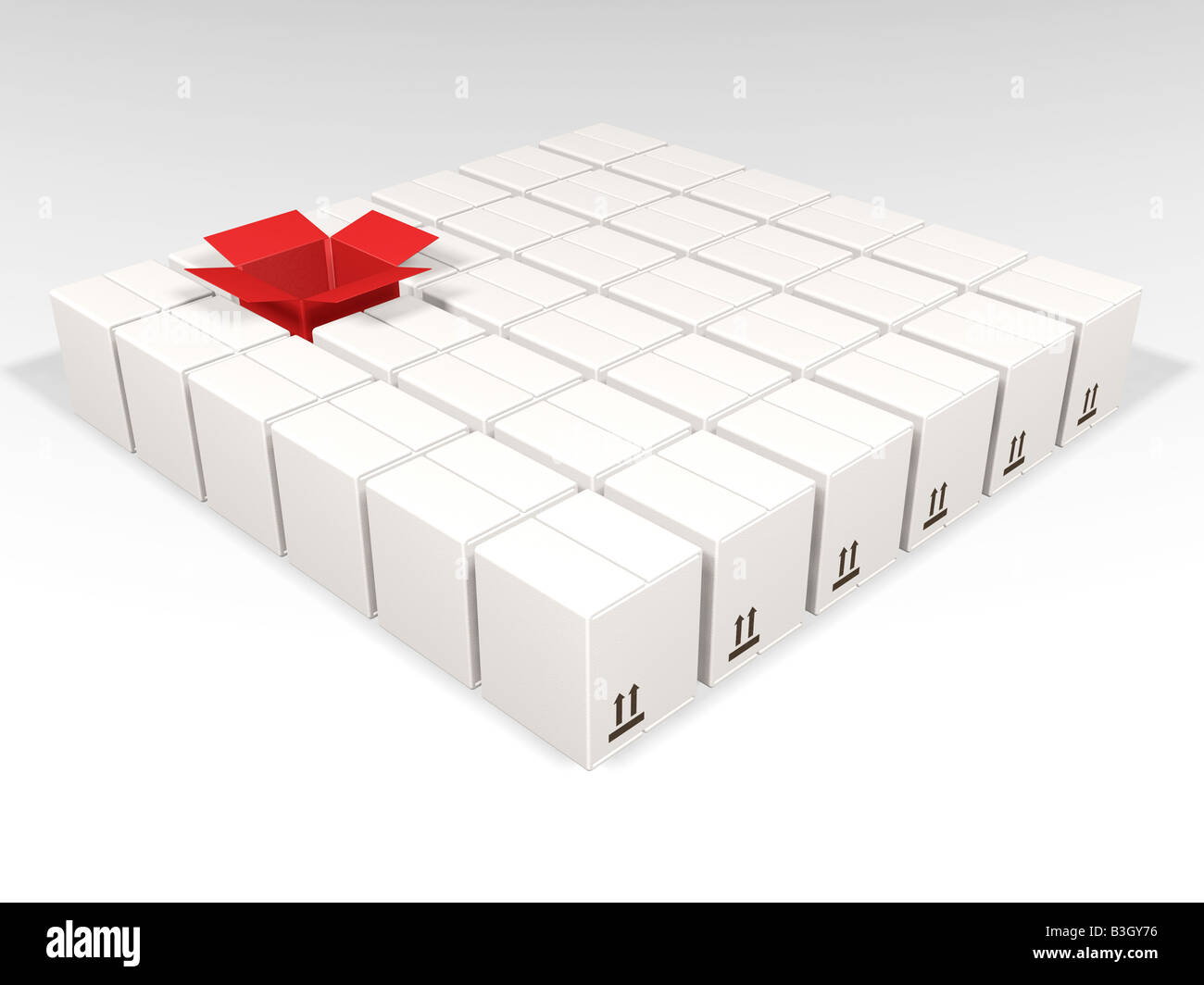 One open red box amongst many white boxes Stock Photo