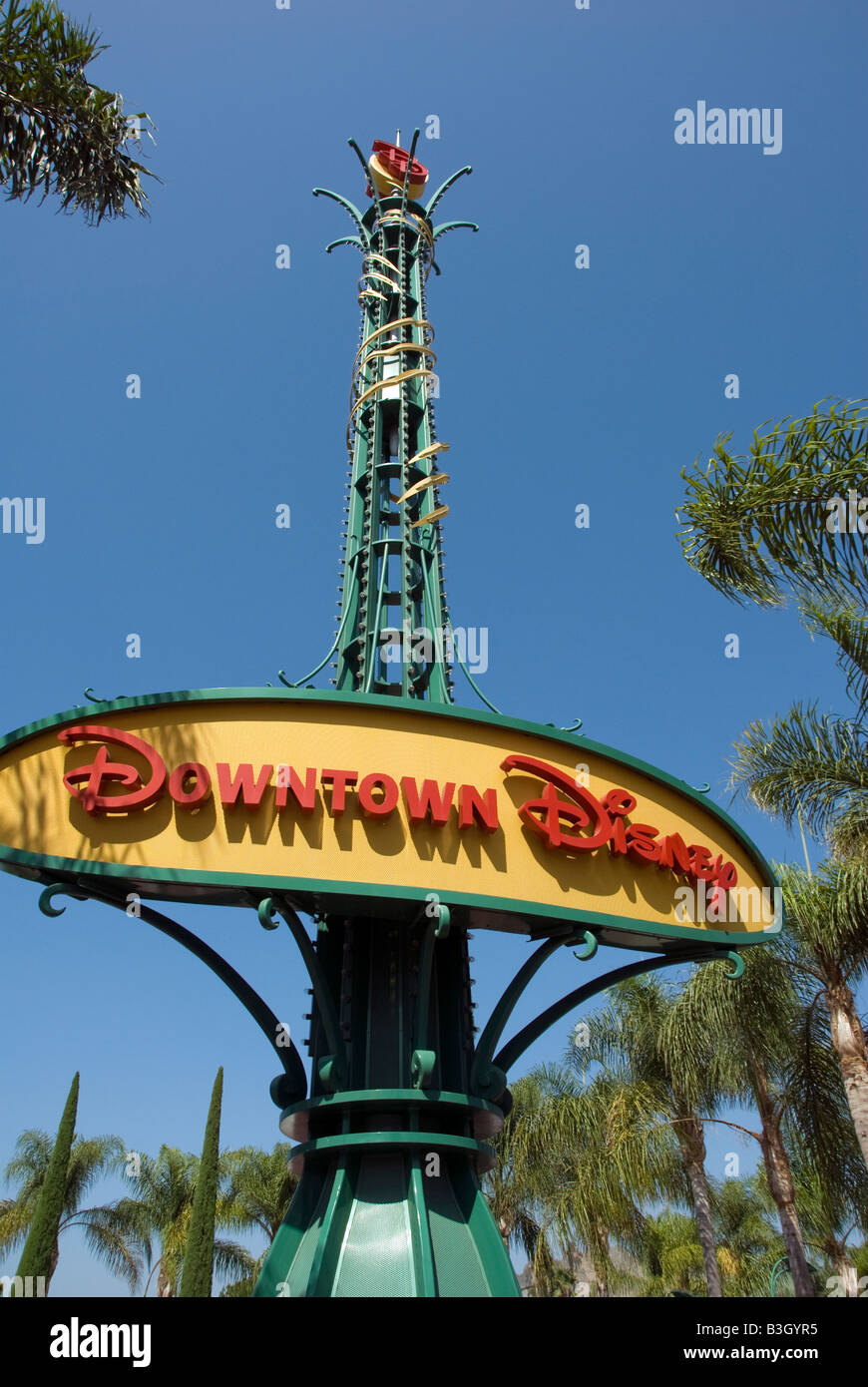 Downtown Disney welcome sign Disneyland Anaheim usa palm trees looking up Stock Photo