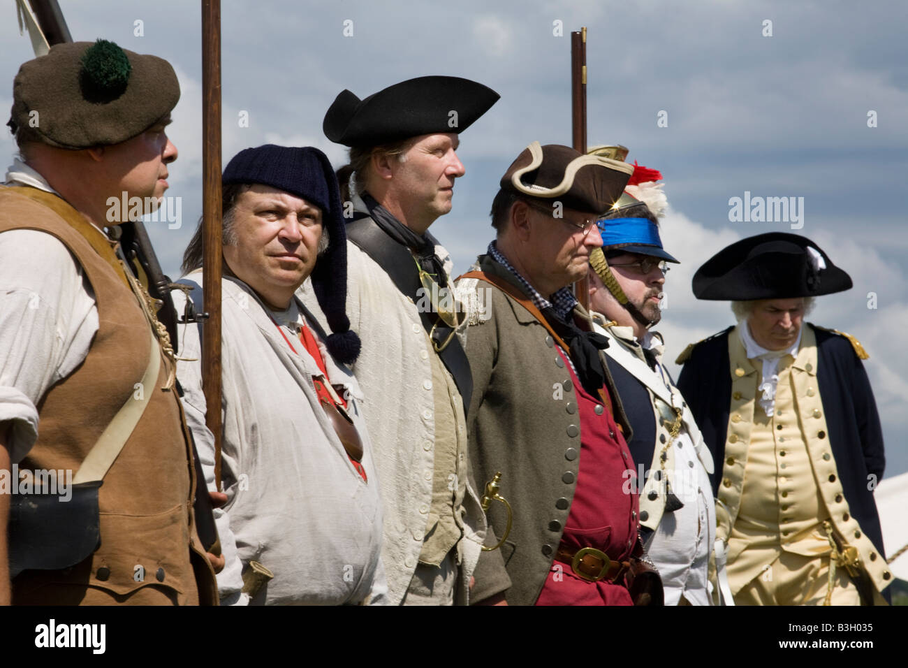 George Washington impersonator Dean Malissa inspecting troops at Revolutionary War reenactment Mohawk Valley New York State Stock Photo