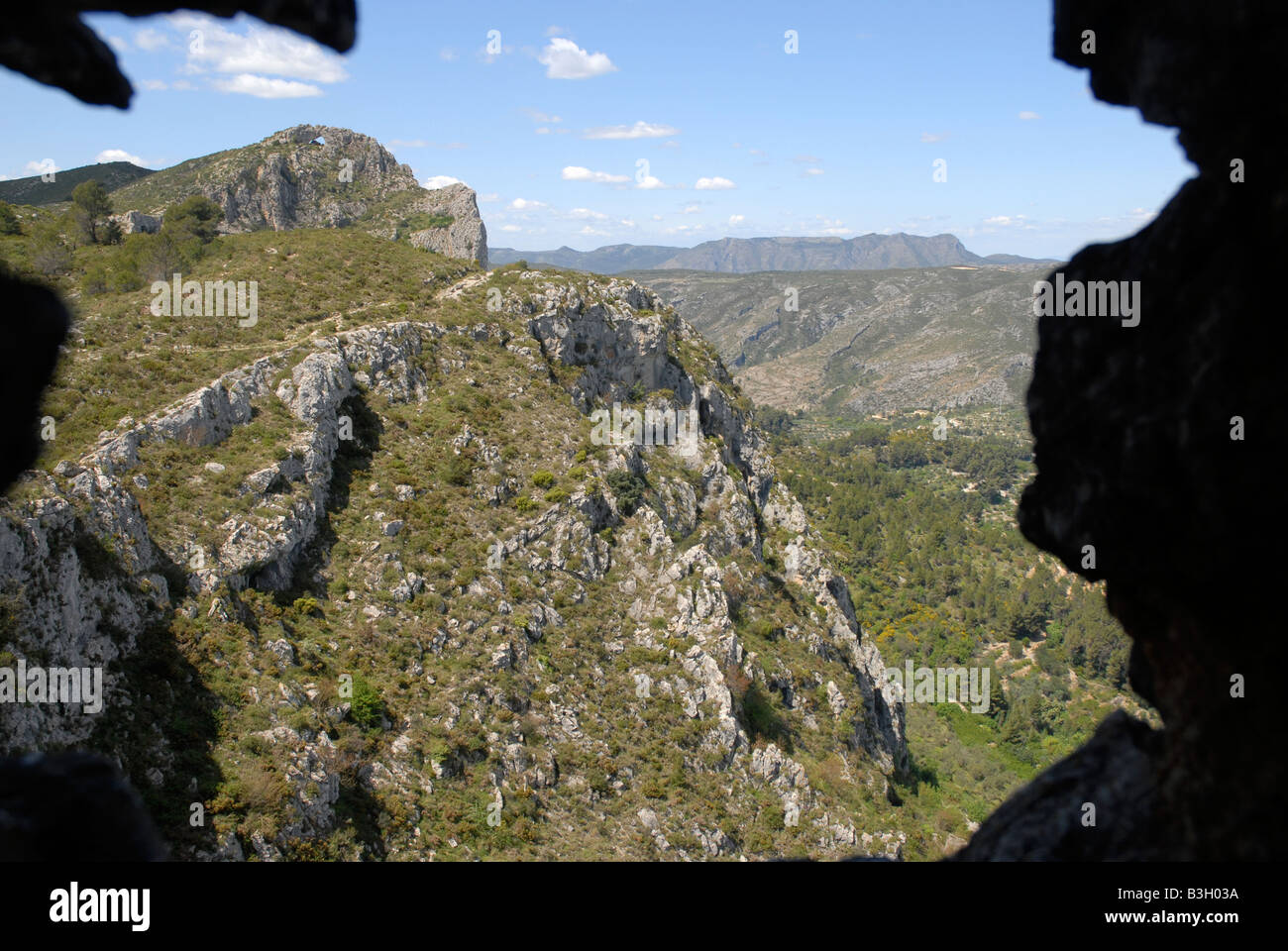 view from troglodyte Moorish watchtower, Talaia de la Foradada, Sierra de la Forada, Alicante Province, Comunidad Valenciana Stock Photo