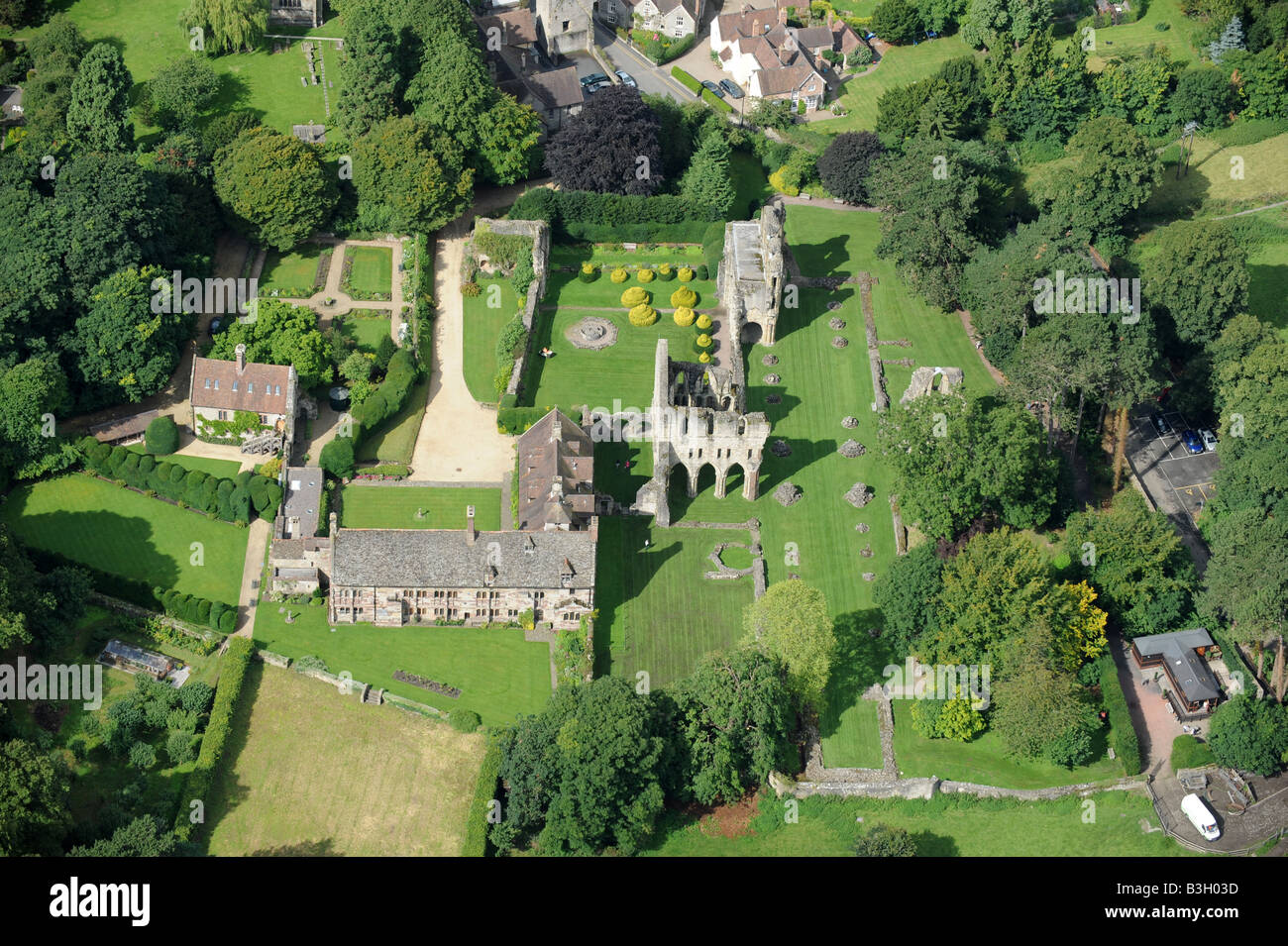 An aerial view Much Wenlock Priory and Abbey in Shropshire England