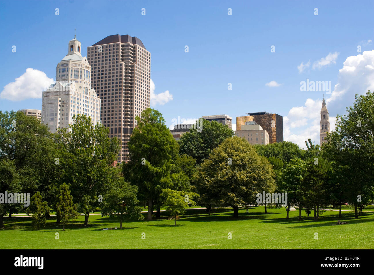 The Hartford Connecticut city skyline as seen from Bushnell Park Stock Photo