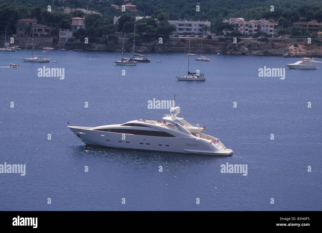 Luxury motor yacht at anchor in the Bay of Santa Ponsa Santa Ponca in South West Mallorca Balearic Islands Spain Stock Photo