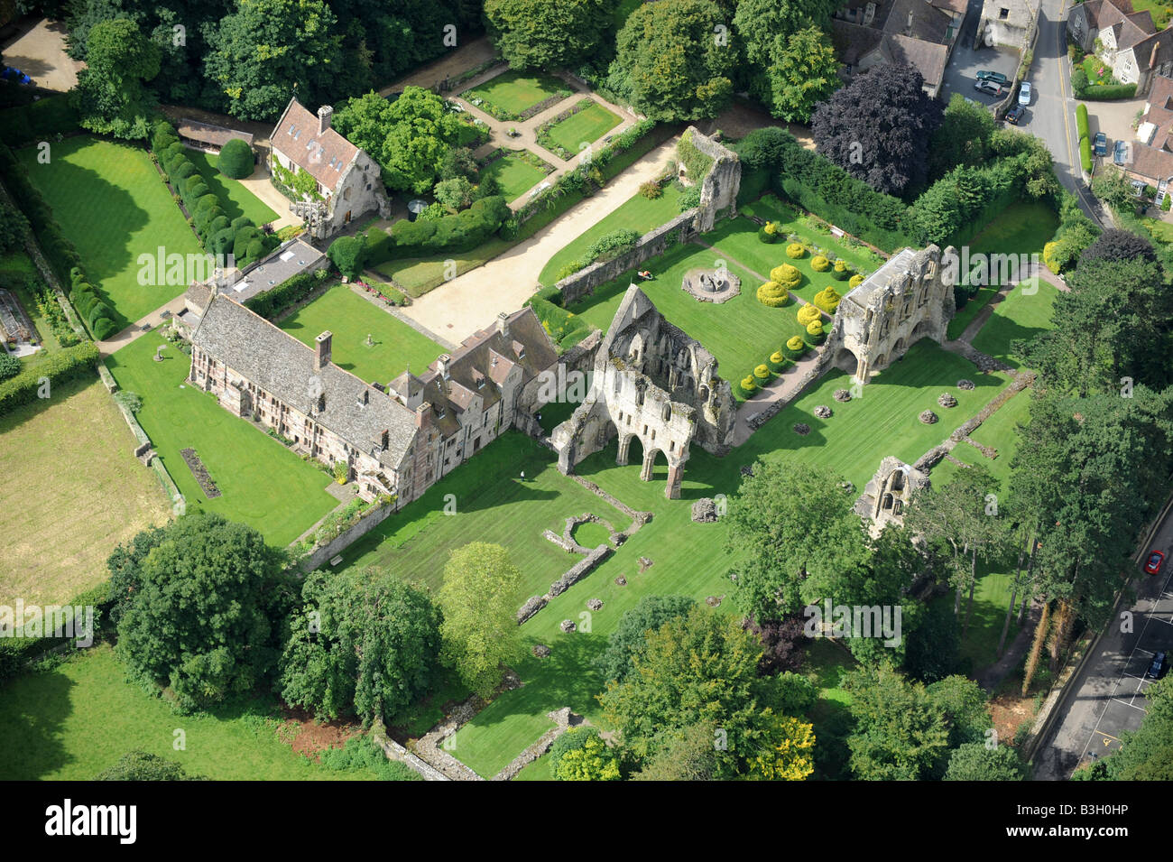 An aerial view Much Wenlock Priory and Abbey in Shropshire England